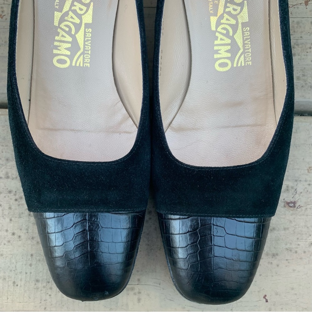 Salvatore Ferragamo black embossed leather cap toe and suede shoes size 7.5 B - Picture 4 of 15